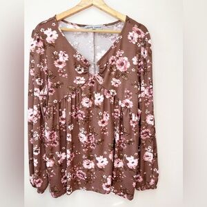 Set of 2 Absolutely Famous Babydoll Tops‎ Waffle Knit Floral Y2k size L XL